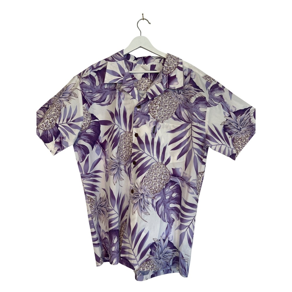 Palmwave Hawaii Mens XL Purple White Pineapple Tropical Cotton Camp Shirt - Picture 2 of 5